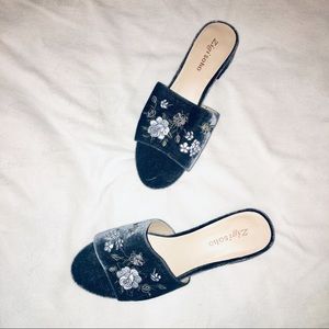 NWOT Velvet Embroidered Mules